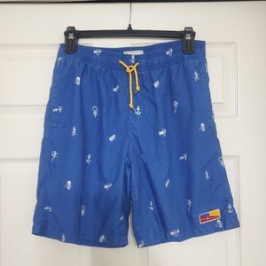 Five Four Lined Swim Trunks Size 33 Anchor Print Blue Background